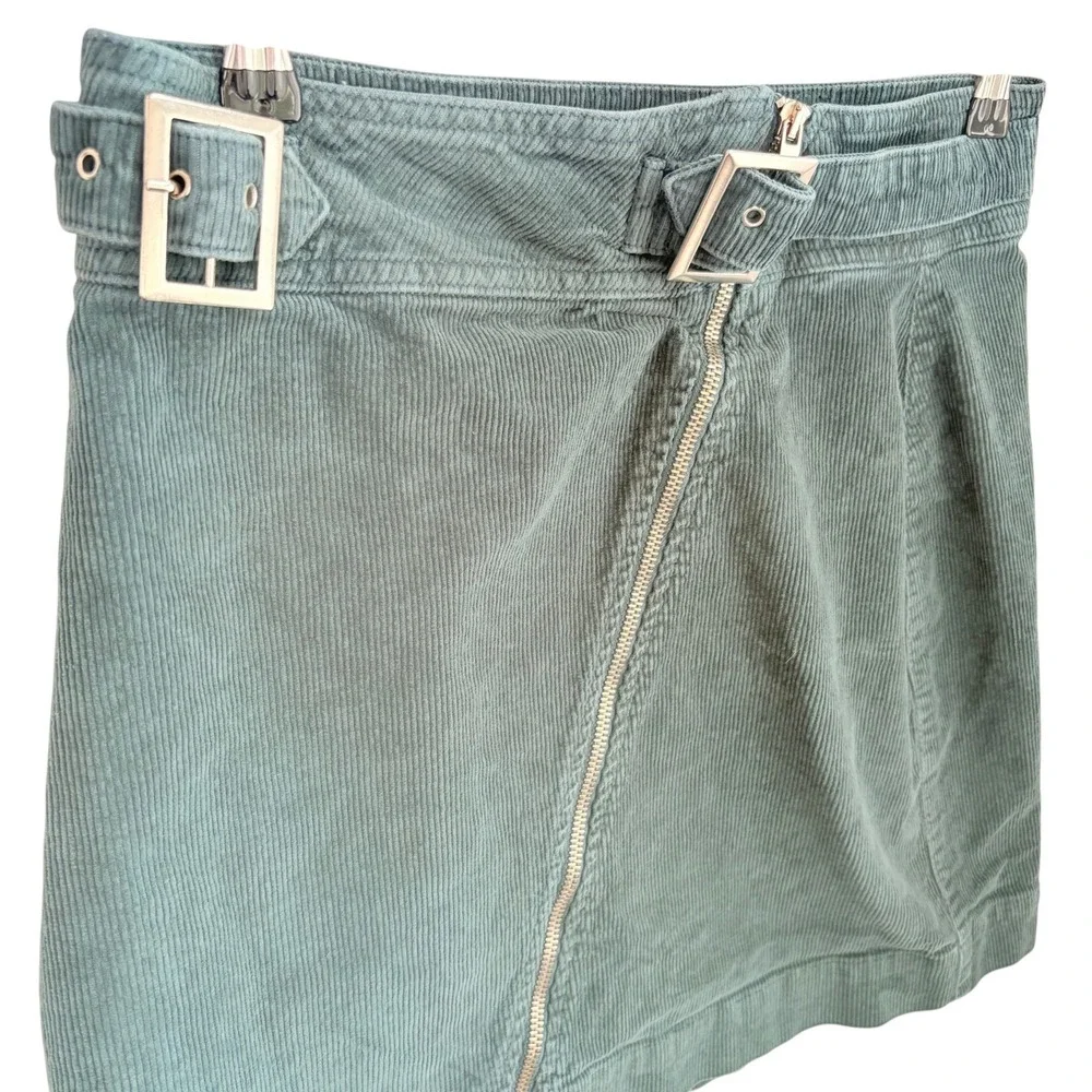 Urban Outfitters Corduroy Mini Skirt L Indie Teal Blue Asymmetrical Zip Buckle